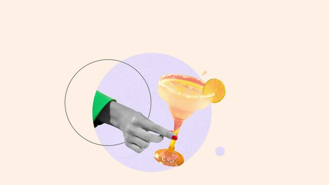 Stop motion, animation. Creative design. Stylish young man jumping into margarita cocktail. Friday chill, party. Concept of fun, celebration, surrealism, creativity. Copy space for ad, text