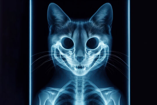 X-ray of a cat blue tone radiograph on a black background