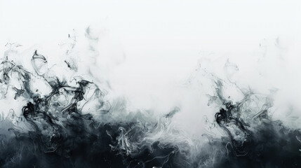 A black and white swirling smoke pattern on a plain white background, creating a striking contrast and abstract visual effect