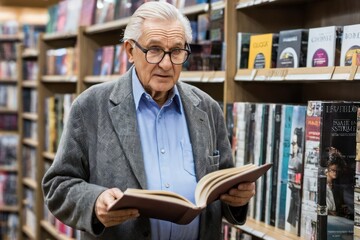 An elderly man stands in a bookstore against the background of shelves with books and he holds a book in his hands. Generative AI