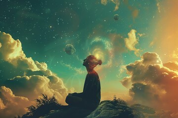 Abstract composition, meditation. Image of a girl practicing meditation. Inner world. Connection with space. Meditation background, chakras, prana, mind of God and spirituality, universe, outer space - obrazy, fototapety, plakaty