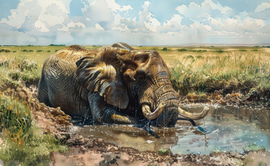 Fototapeta premium A realistic painting depicting an elephant leaning down to drink water from a river