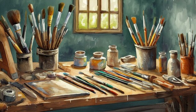 Artistic Array: Brushes and Tools Laid Out on Workshop Table