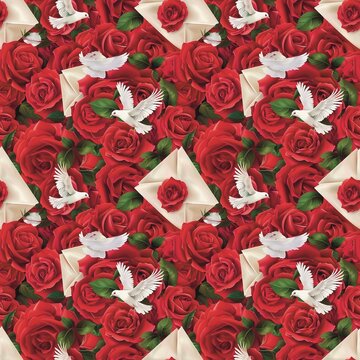 red roses background a bouquet of red roses for Valentine's Day, an envelope with a white dove in it. Love letters are very beautiful. Seamless fabric pattern, textile, handicraft, art work, 