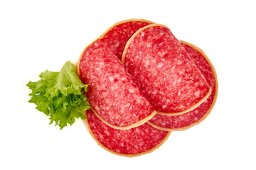Salami smoked sausage, isolated on white background. High resolution image