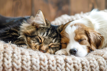A cat and a dog sleep together. The kitten and puppy are dozing. Pets. Caring for animals. Cute cat and dog lie under a white blanket on the sofa. Love and friendship. Pets. Copy space. Banner