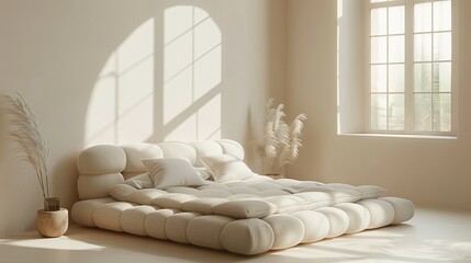 White Bed making itself in a sunlit room, inviting and neat isolate on soft color background - obrazy, fototapety, plakaty