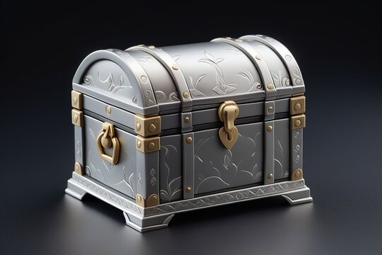 A treasure silver chest on a dark background, horizontal composition