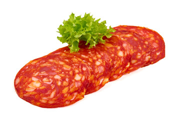 Spanish pork chorizo sausage slices, close-up, isolated on white background