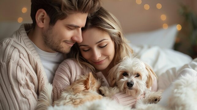 Family understanding their pet dog thoughts, love filled room isolate on soft color background