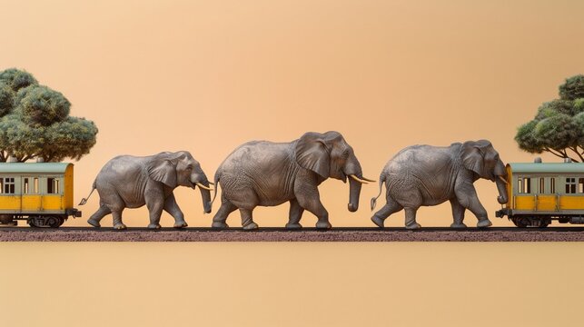 Elephants conducting a train, all aboard the Safari Express isolate on soft color background