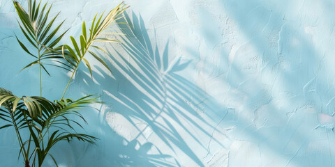 Fototapeta na wymiar Palm leaves casting shadows on a textured blue wall with peeling paint. Summer banner with copy space