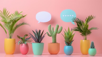 Fototapeta premium Plants on social media platforms, chatting with colorful speech bubbles isolate on cute soft pastel color background