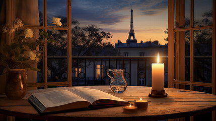 An open window overlooking the evening city with a book on the table and a candle.