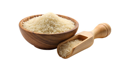 Rice in a wooden scoop isolated on transparent background