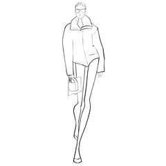 Fashion Illustration on a white background. Woman in outfit from famous designer. Sketch for coloring.	