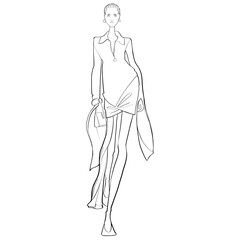Fashion Illustration on a white background. Woman in outfit from famous designer. Sketch for coloring.	