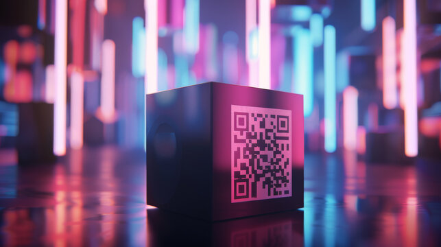 3D rendered image of a product box with a glossy finish, featuring a QR code that stands out against the branding, set against a futuristic, abstract background