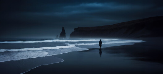 sagoma di figura umna che cammina solitaria su una spaiggia scura sotto un cielo invernale