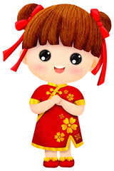 A girl dressed in Cheongsam or Qipao, traditional Chinese clothes in red, yellow and gold is posing asking for red packets during the Chinese New Year holiday.