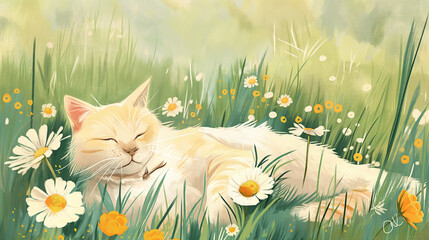 Gato deitado no campo de flores - Ilustração esboço no fundo branco - obrazy, fototapety, plakaty