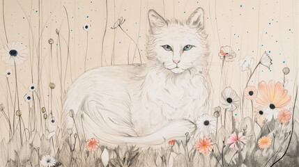 Gato deitado no campo de flores - Ilustração esboço no fundo branco - obrazy, fototapety, plakaty