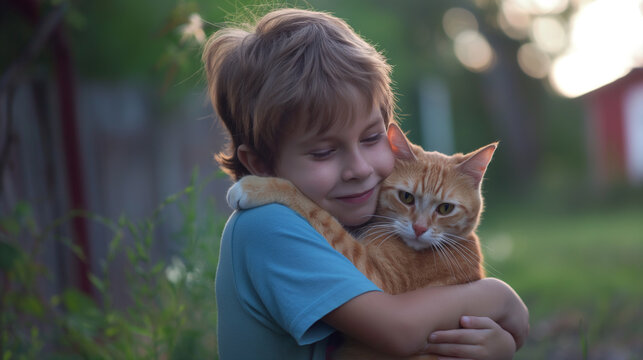 Garoto abraçando seu gato 