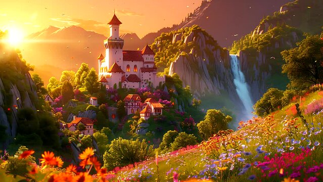 beautiful fantasy landscape with waterfalls, castles and wildflowers at Sunset. Seamless looping 4k time-lapse video animation background