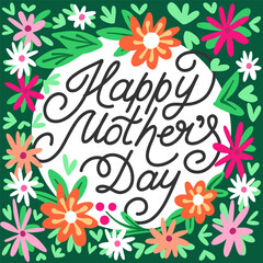 Mother's Day postcard, handwritten text with a flower meadow, spring postcard