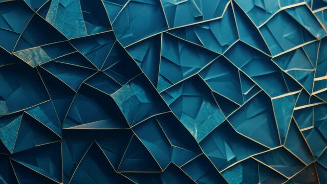 Abstract geometric background with blue polygons and gold lines. 3D render for design and decoration.