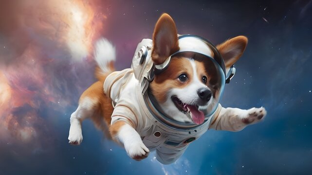 Happy Dog in space suit in outer space of cosmos.