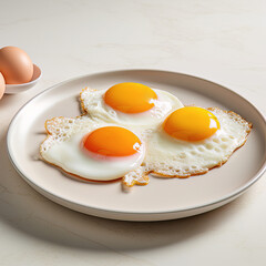 Fried eggs on a modern plate on a white table. Healthy breakfast.