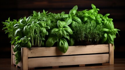 Crate showcasing a collection of aromatic basil and rosemary herbs