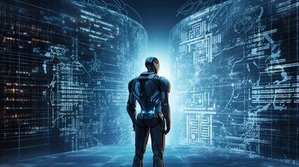 Graphic illustration of a humanoid android robot holding a robotic sphere eye and standing in front of a giant machine system hologram wheel technology data graphic, futuristic concept.