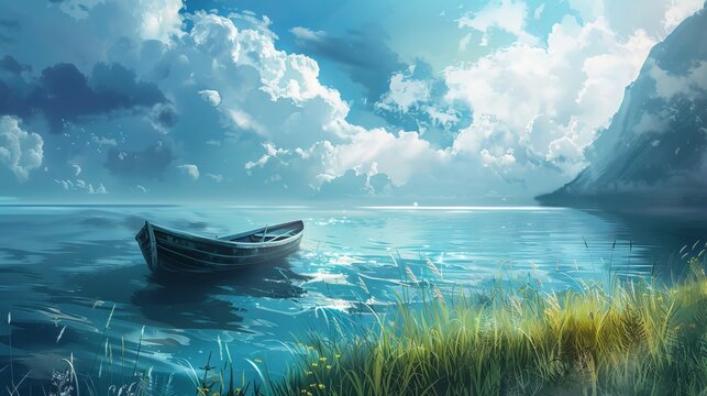 In this evocative concept art, a scene unfolds with the elements of the sea, a boat, and an essence of hope. The realistic illustration captures the essence of this fictional backdrop