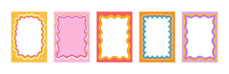 Set of Retro FRAMES WITH DOODLE orange, RED, PINK curvy squiggly wavy. Wave scalloped edge frame. Cute curved frame box. Trendy  vector template for greeting card, poster,  invitation, social media po