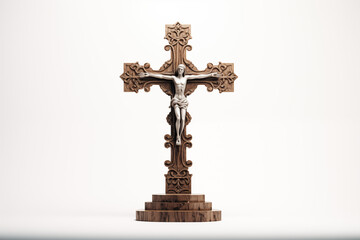 Christian religious wooden cross on white background. Christian religious crucifix on white background. Topics related to the Christian religion. Topics related to death. Object of worship and belief,