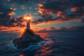 Eine Leuchtturm auf einer Insel mit sonnigem Hintergrund auf dem Meer - obrazy, fototapety, plakaty