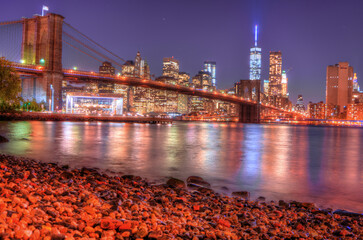 New York, United States of America. Brooklyn Bridge at dusk viewed from the Brooklyn Bridge Park in...
