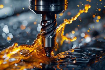 A machine is cutting through a liquid, creating a splash of oil