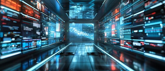 Obraz premium A digital news stream in 3D, showcasing future technology breakthroughs with a large, empty area for additional content