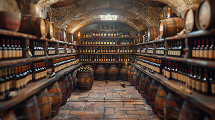 "Vintage Vino Vault"
"Cozy wine cellar with rows of wooden barrels and shelves lined with vintage wine bottles, illuminated by the soft glow of candles."