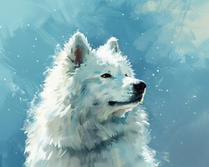 A fluffy white Samoyed, its fur billowing, against a crisp, icy blue background