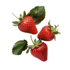 Food art 3 strawberries with green leaves on transparent background