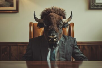 A bison in a corporate strategy room, wearing a robust suit, representing resilience and solid planning