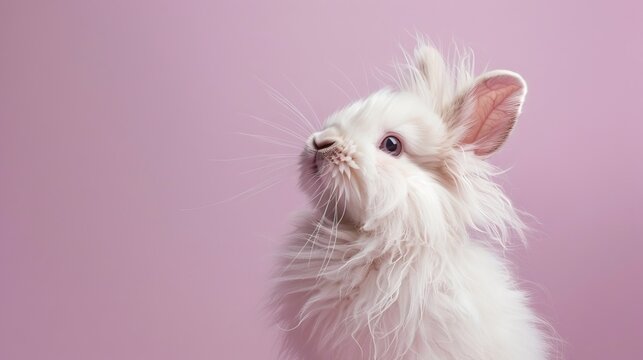 A fluffy angora rabbit, ears at attention, profiled on a gentle lavender background