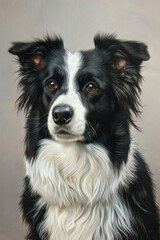 A poised Border Collie, its intelligent eyes attentive, on a soft heather grey canvas