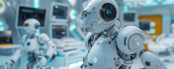 Fototapeta premium A robotic nurse in 3D, assisting in surgeries and patient care in a hospital, with sensors and arms designed for delicate tasks
