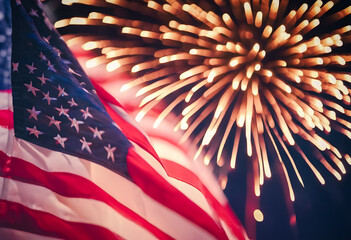 American flag with a backdrop of vibrant fireworks, symbolizing celebration and patriotism, ideal for Independence Day or national holidays.