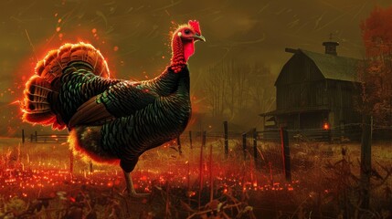 A turkey with a glowing red wattle strutting around the barnyard, its presence lighting up the farm scene - obrazy, fototapety, plakaty